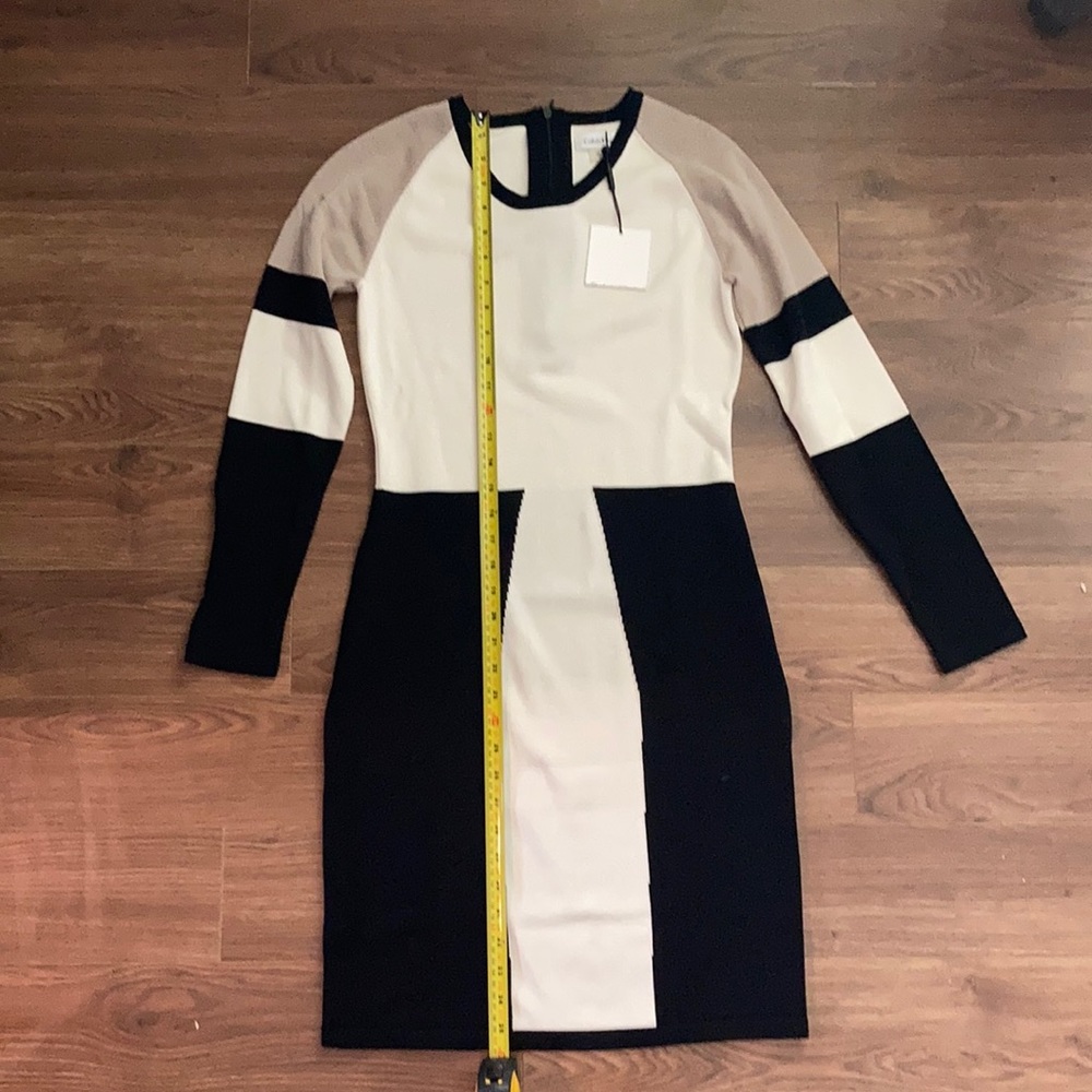 Calvin Klein monochromatic cream, black, and grey bodycon long sleeve dress